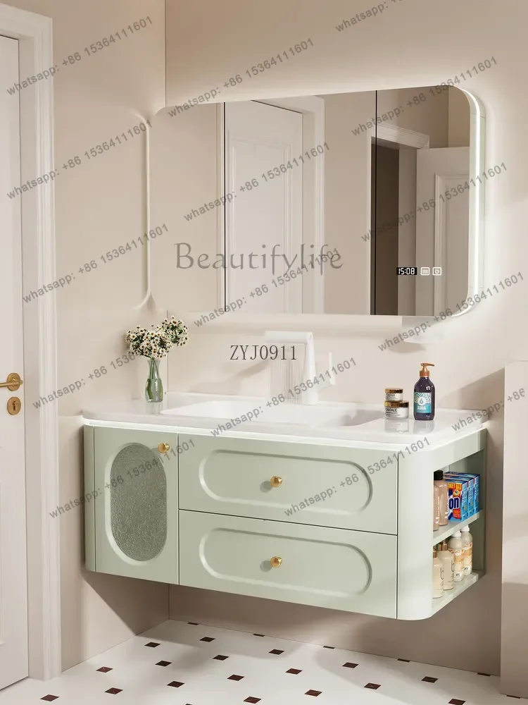 Light French Oak Paint Smart Bathroom Cabinet Combination Ceramic Integrated Basin Toilet Basin Cabinet