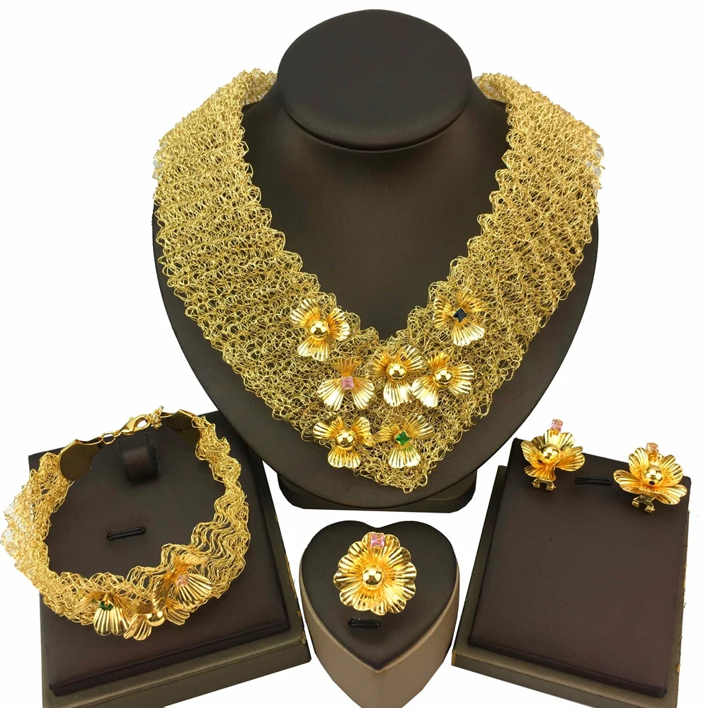 

Yuminglai Brazilian Style Fashion Bride Wedding Trendy African 24K Gold Plated Copper Jewelry Set for Women FHK18175