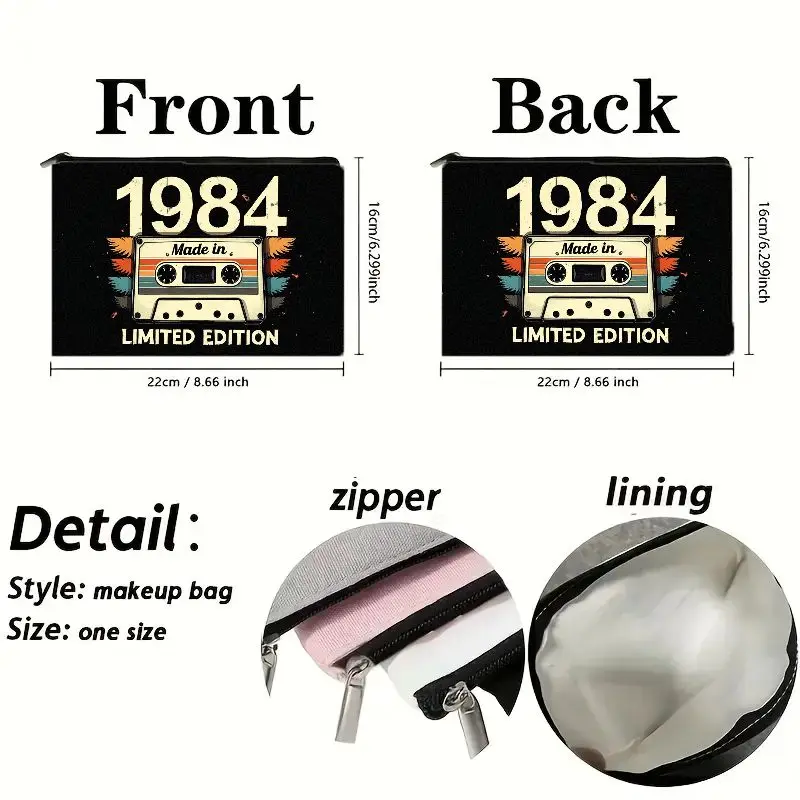 Lightweight and portable makeup bag，Adopting a retro style“1984Limited edition”Cassette tape print，Features a secure zipper clos