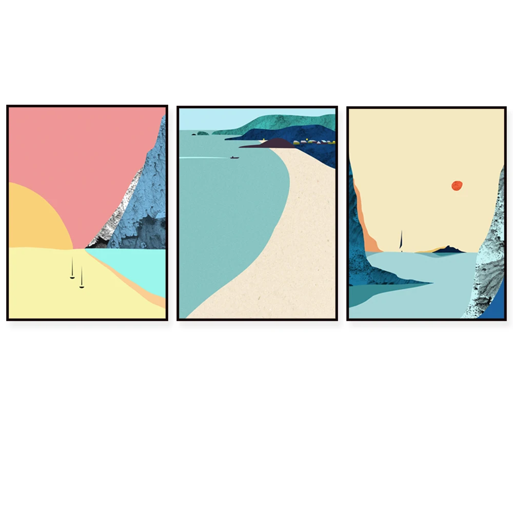 Sailing Boats Art Scandinavian Set, Nautical Contemporary, Ocean Coast Abstract, Mountain Sea Sunrise, Sea Scenery Triptych,