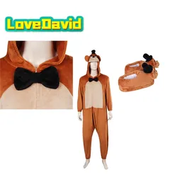 Adult Freddy Cosplay Jumpsuits Sleepwear Costume Hooded Onesie Cartoon Bear Plush Shoes Halloween Carnival Party Disguise Suit