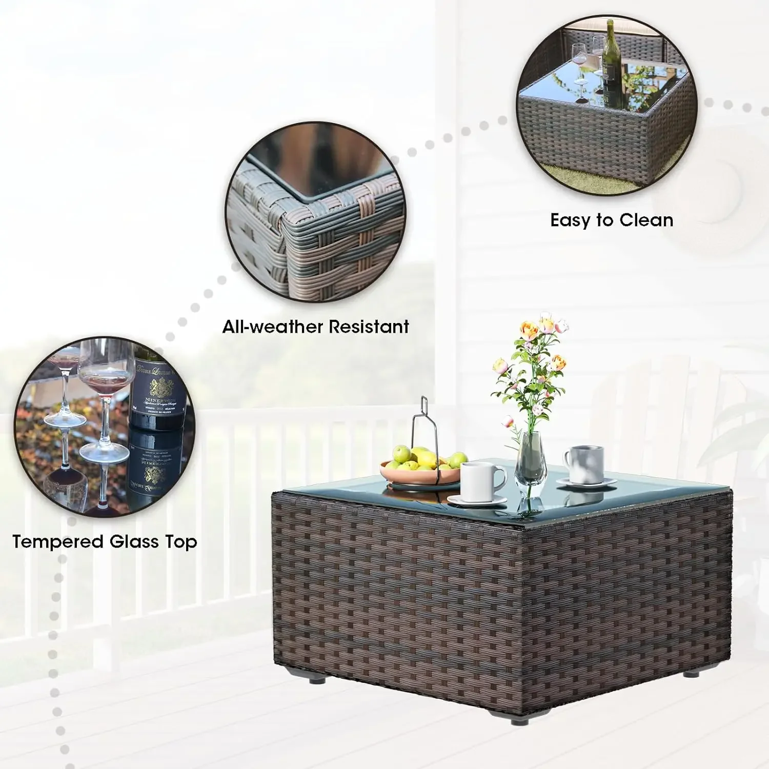 Patio Furniture Set, All Weather Outdoor Sectional PE Rattan, Patio Conversation Sets with Cushions and Glass Coffee Table