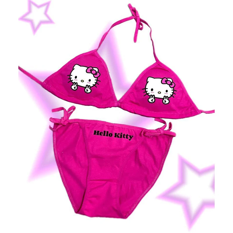 Sanrio Kawaii Hello Kitty Halterneck Bikini Anime kreskówka seksowna gorąca moda wykwintny strój kąpielowy zestaw biustonosz z wkładki na persi