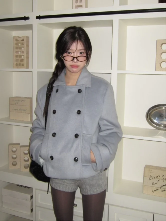 معطف صوفي كوري قديم مع ياقة وزر مزدوج للنساء للتنقل فضفاض مناسب للدفء والارتداء اليومي #2