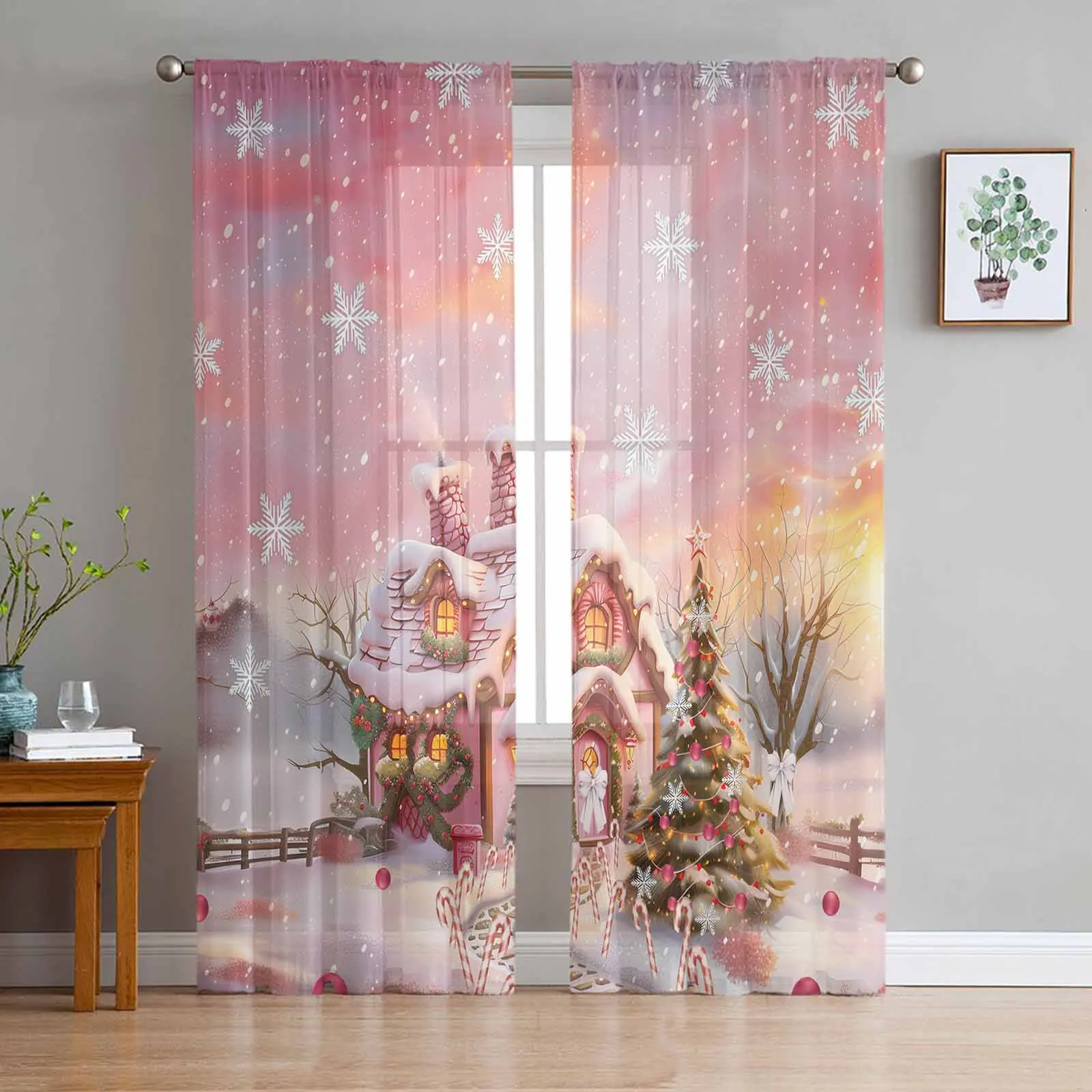 Christmas Candy House Snow View Countryside Sheer Curtains For Living Room Window Transparent Voile Tulle Cortinas Drapes Home