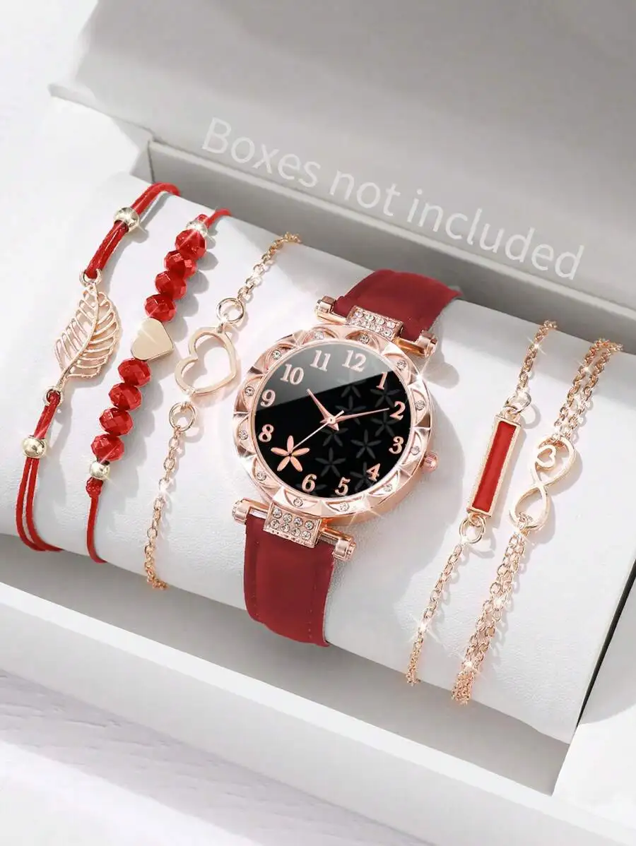 Women Fashionable Rhinestone-Accented Floral Dial Quartz Wristwatch And Heart Tree Leaf Bracelet Set (6pcs/Set) As A Gift For