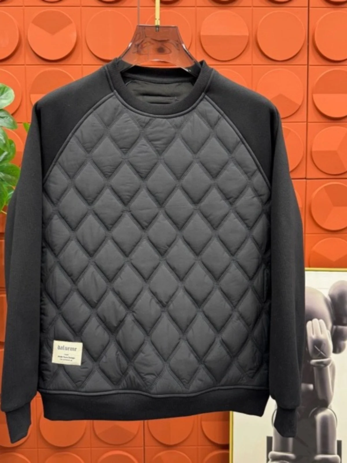  Lightweight Spring Autumn Men's Diamond Pattern Cotton Filled Sweatirt Casual Versatile Loose Thiened round Ne