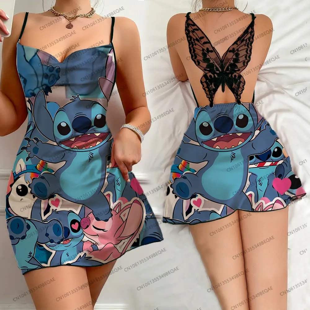 Fashion Sexy Backless Dress Disney Cartoon Print Short Sleeveless Summer Nightdress Women's Strappy Butterfly Lace Skirt
