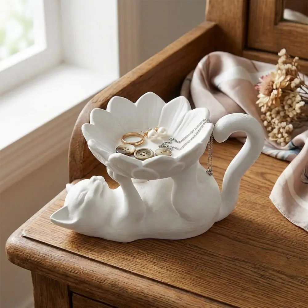 3D Printed Cat Lotus Jewelry Tray Cat Holding Lotus Cartoon Ring Storage Holder Stable Base Waterproof Cat Decor Storage Statue