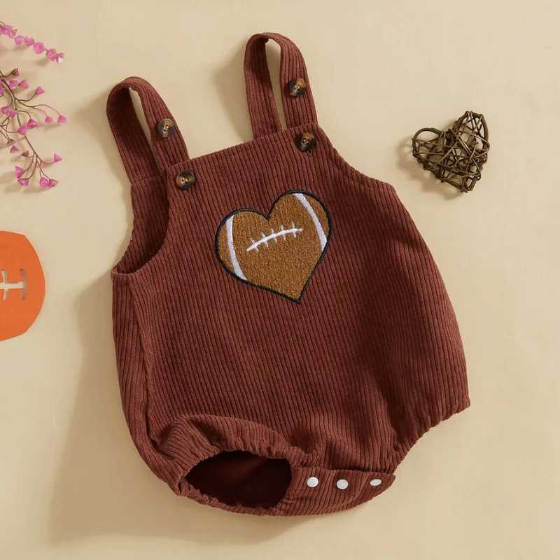 RUEWEY 0 to 12 Months Baby Girl Football Corduroy Bodysuit Summer Clothes Heart-shaped Rugby Embroidery Sleeveless Jumpsuit