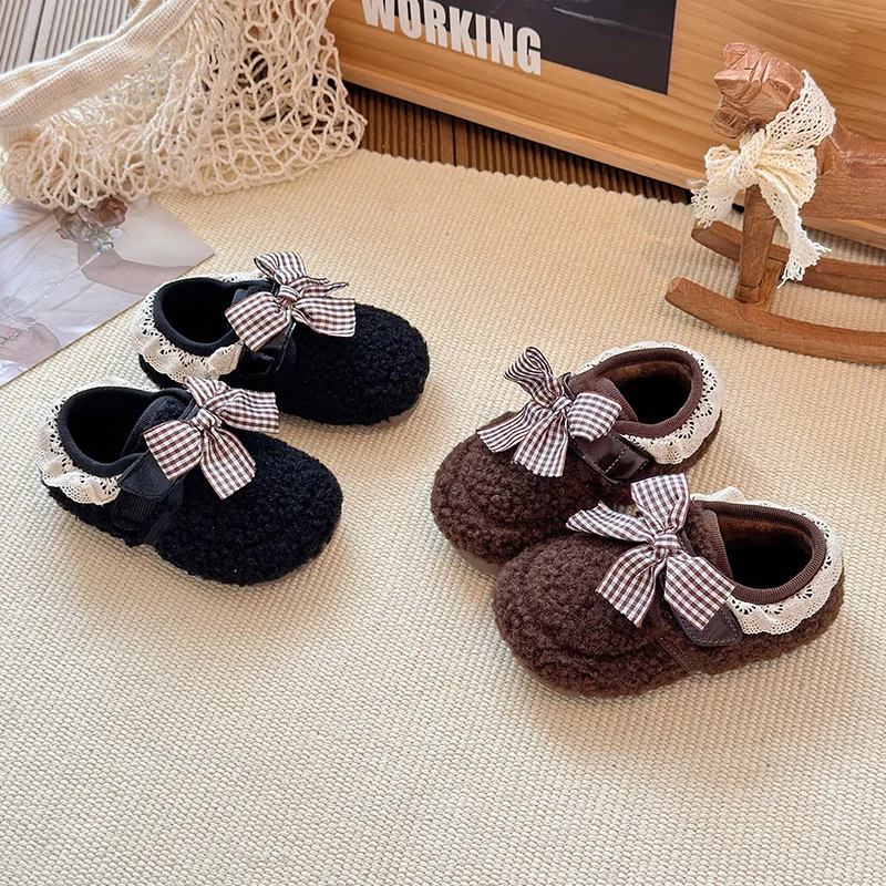 Girls Princess Shoes Sweet Bows Kids Suede Warm Shoes Comfortable 2025 Winter New Children Casual Flat Shoes Fashion Versatile