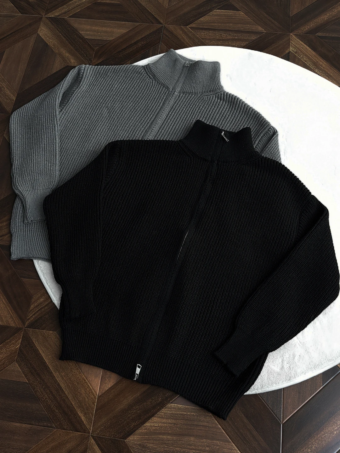 

Heavyweight Stand Collar Color Open Front Knitwear Men's Autumn Cleanfit Double Zipper Loose Outerwear Long Sve