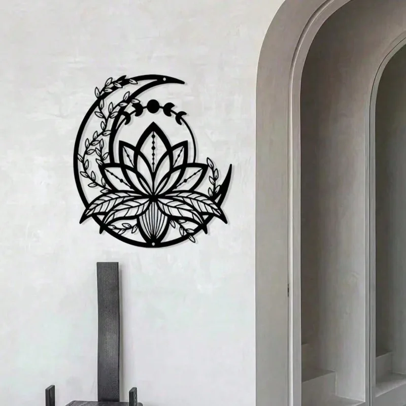 5-Blatt-Lotus- und Mond-Wandskulptur aus Metall | Wasserdicht, rostfrei, Halloween- und Weihnachtsgeschenk, Schlafzimmer-/Wohnzimmer-/Badezimmerdekoration