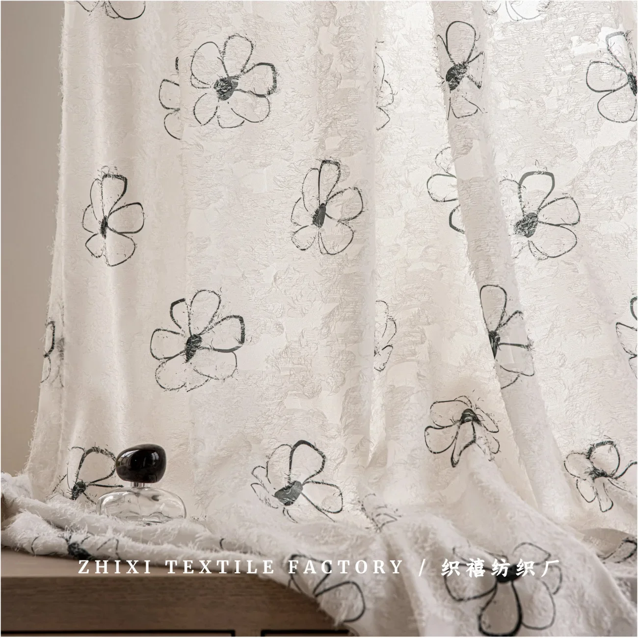 Customized French Flower Jacquard Window Screen Wooden Cream Wind Translucent Curtain Curtains for Living Dining Room Bedroom