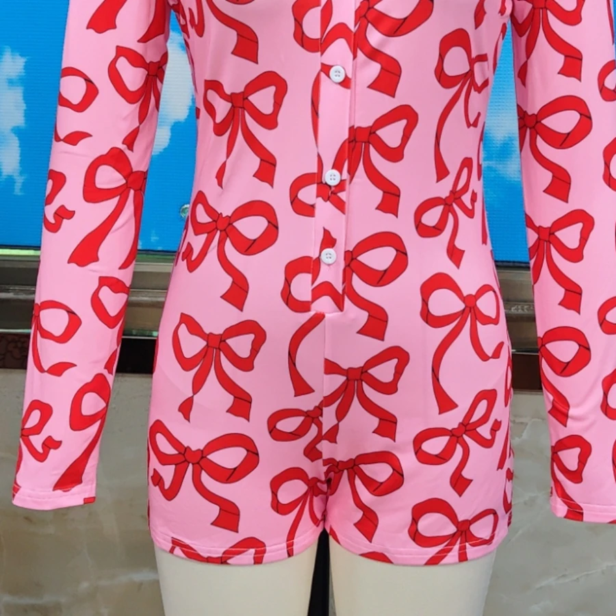 

Women's Bow Print Shorts Jumpsuit Pajamas Long Sleeve V-Neck Button Down Slim Fit Rompers