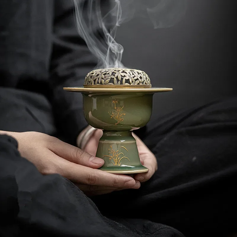 Yue Kiln Copper Lid Incense Burner Antique Ceramic Censer Longquan Celadon Agarwood Holder Home Decor Ornament Traditional