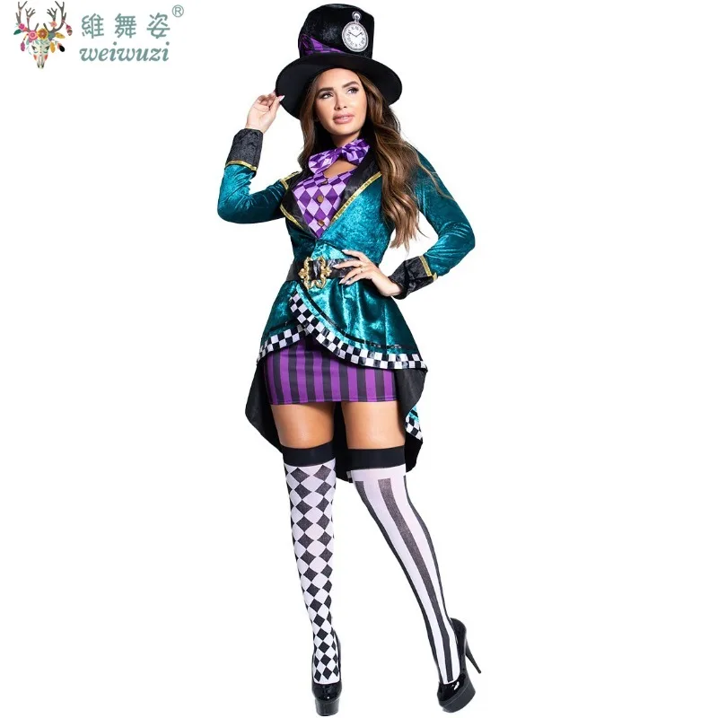Adulto feminino alice mágico relógio chapeleiro louco traje halloween chapéu louco cosplay traje de palco animal treinador trajes de halloween