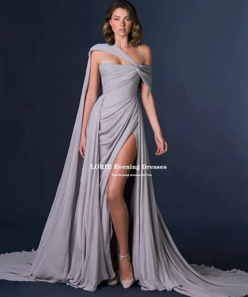 LORIE Mermaid Chiffon Mermaid Evening Dresses 2022 One Shoulder Cape Pleats Arabic Prom Party Gowns Leg Slit Robes De Soirée