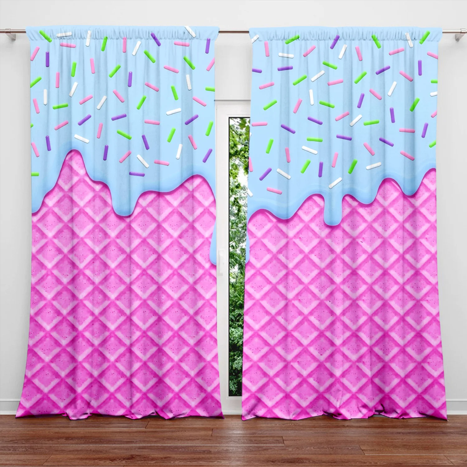Sweet Ice Cream Cone Print Curtains, Pink Waffle & Blue Sprinkles Pattern Blackout Drapes for Kids Room, Cute Candy Home Decor