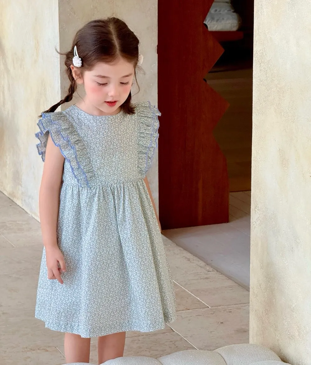 

140CM summer girls dress kids girl clothes European and American style Girl's blue floral pattern pure cotton dress