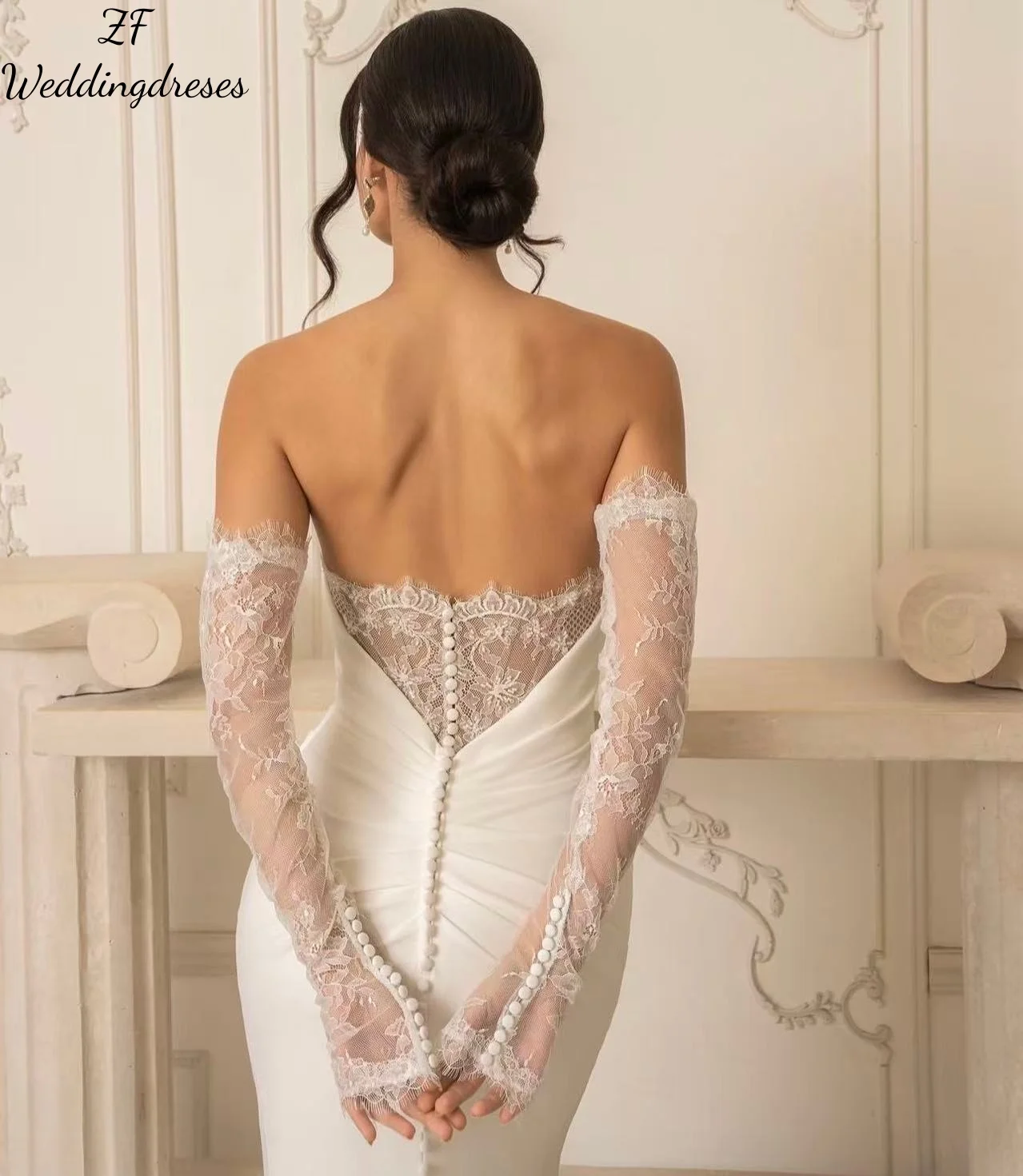 Customized  Elegant Wedding Dresses Lace Long Sleeves Backless Mermaid Satin Bridal Gowns Sweep Train Robes De