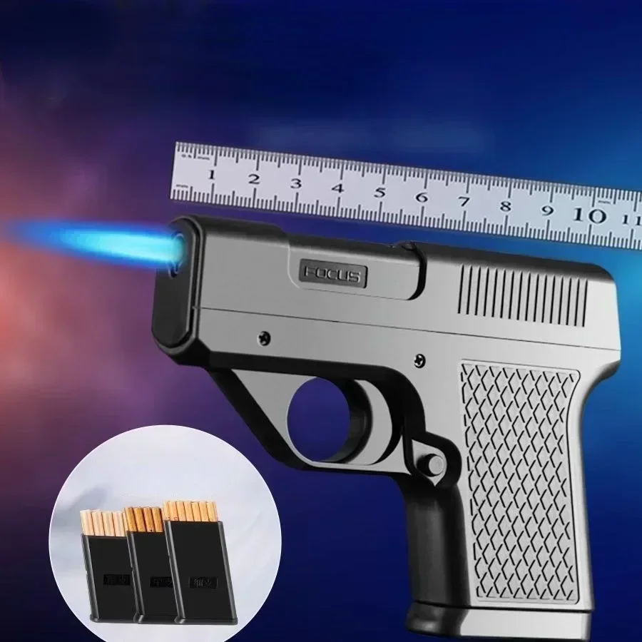 New Windproof Pistol Style Inflatable Lighter with 3 Cigarette Packs Jet Turbine 10 Pack Cigarette Lighter Men\'s Small Tool
