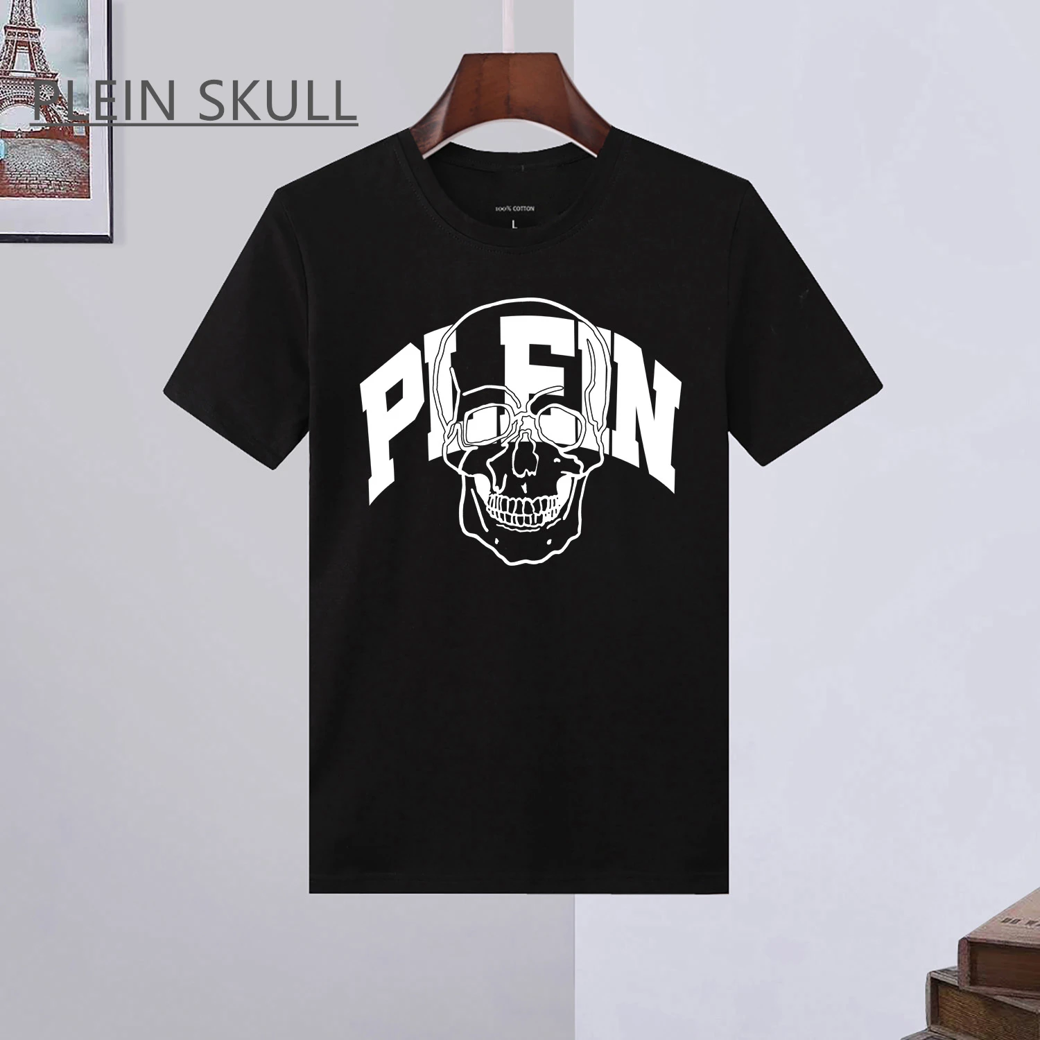 

Легкая мужская футболка PLEIN SKULL, хлопковая весенне-летняя футболка с короткими рукавами, классическая ретро милая круглая футболка унисекс с принтом, спортивная футболка с воротником