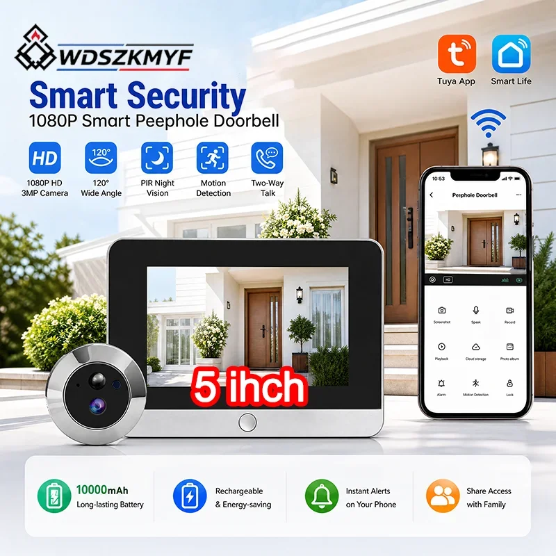 WiFi Viewer 5 inch Display 3MP Battery Peephole Camera Tuya SmartLife Infrared Night Vision PIR Human Detection Cat Eye Camera