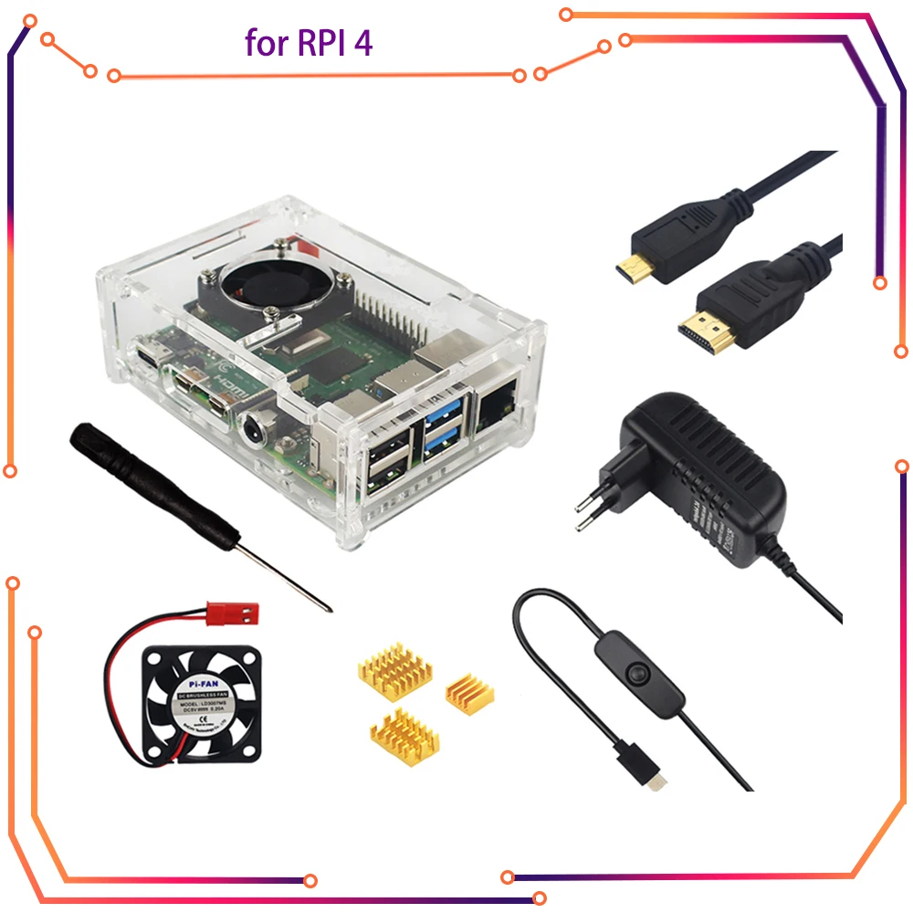 

Raspberry Pi 4 Model B Accessories Acrylic Case + Cooling Fan + Heatsink + Switch Power Adapter + Micro HDMI RPI165