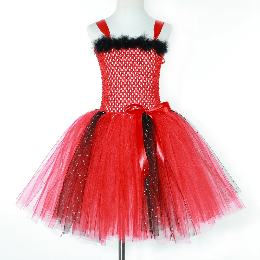 Devil Costume for Girls Halloween Red Demon Tutu Dress Glitter Toddler Kids Carnival Party Dress Up Clothes Wings Horns Outfit view 3