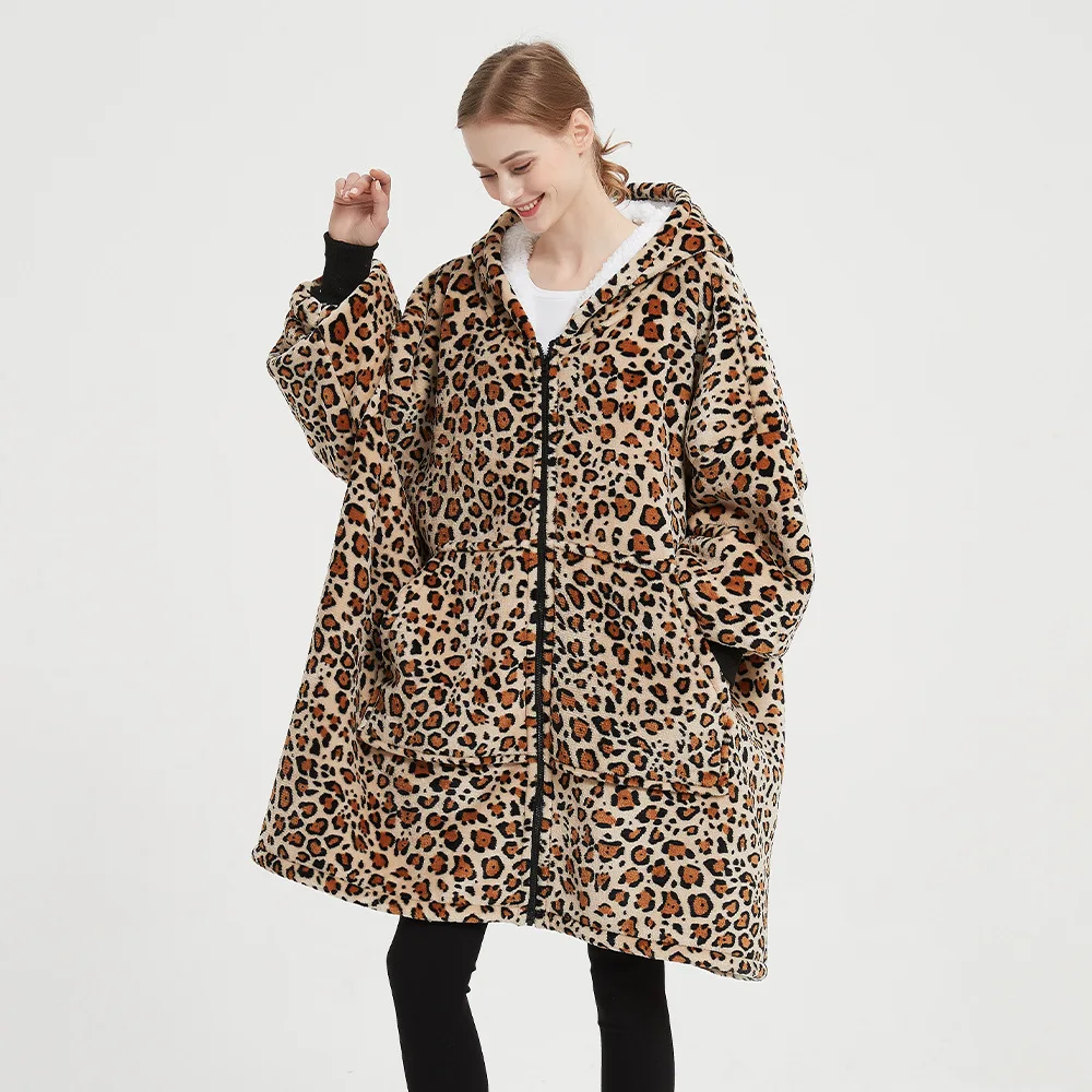 Winter Leisure Lazy Blanket Hooded Couple Zipper Pajamas Home Clothes Warm Sleepwear Ultra-Thick Lamb Velvet Nightgown
