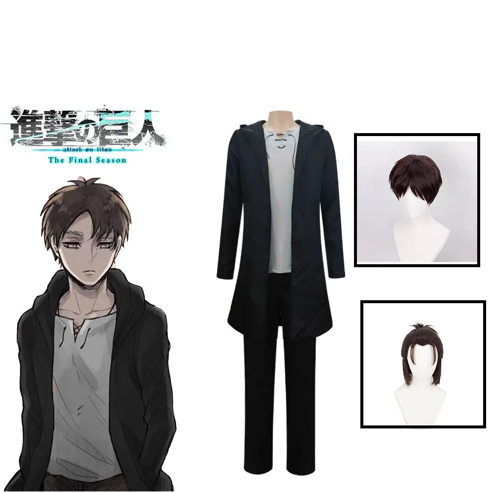 Disfraz de Eren Jaeger, disfraz de Anime Titan, peluca, Cosplay de Eren Yeager, gabardina negra con capucha, camiseta, pantalones, ropa de Halloween