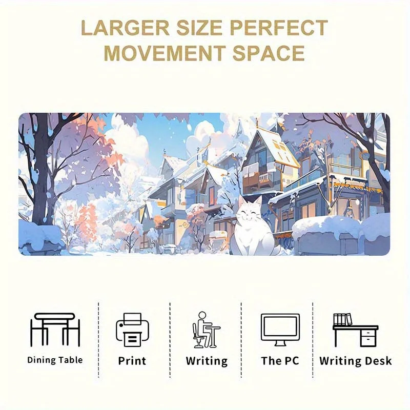 Winter Snow Village Anime Mouse Pad White Cat Desk Mat Non-Slip Rubber Gaming Office XXL