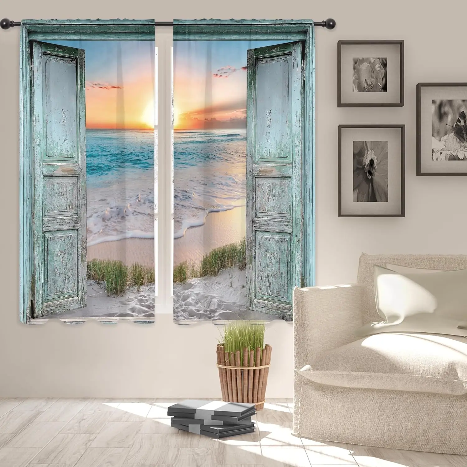 Teal Ocean Sea Curtains Coastal Nautical Barn Wood Door Sunset Rod Pocket Turquoise Country Seaside Modern Men Women Bedroom