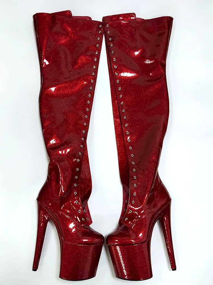 

8 Inches Stripper High Heels Crossdress 20cm Sexy Over The Knee Boots Platform Red Pole Dance Women's Shoes Gothic Round Toe