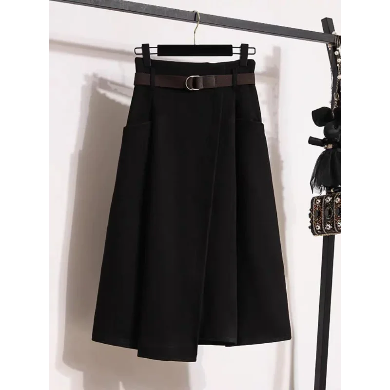 Autumn and winter new cover belly slimming black woolen skirt high waist mid length All match Pockets A-line skirt