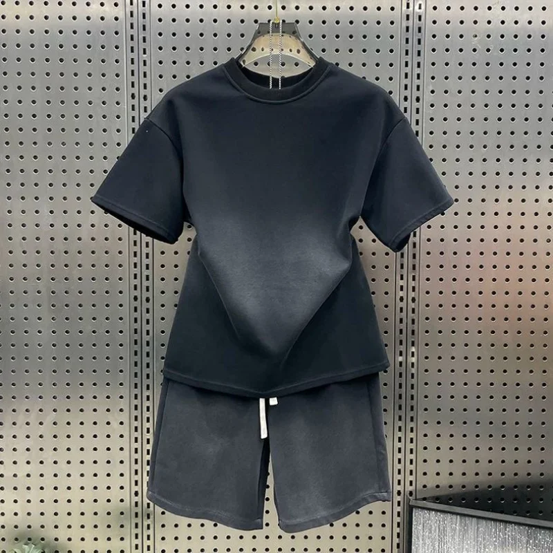 

Summer Men's Ice Silk Casual Fashion T-Shirt & Shorts 2 Piece Set Vintage Cotton High Quality Sports Tracksuit