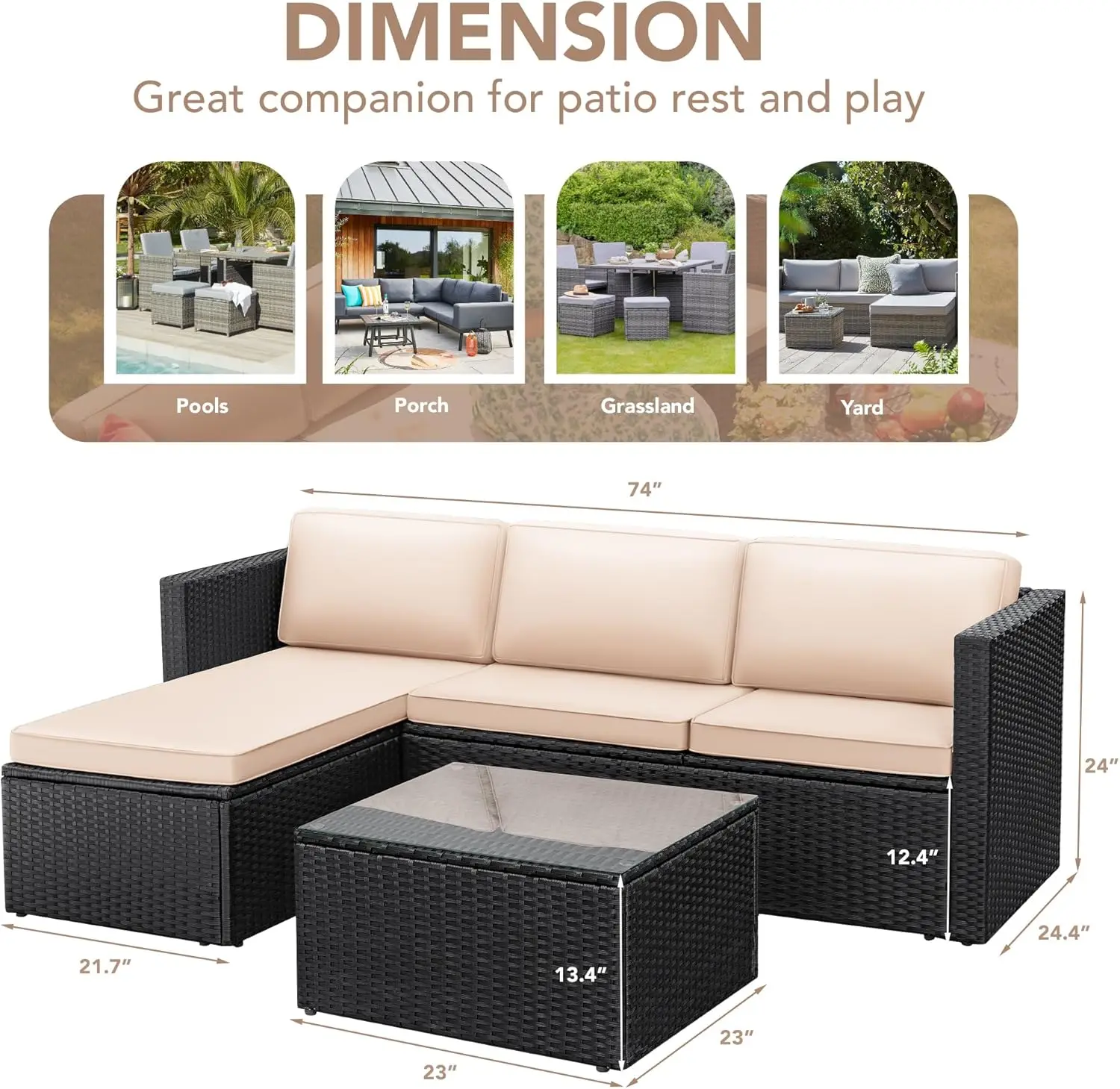 All Weather Wicker Rattan Pátio Sofá, Conjuntos de móveis com almofadas e mesa de vidro, ângulo ajustável manual, Chaise Lounge