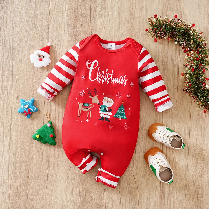 Autumn and winterBaby cartoon Christmas elements printed casual striped long sleeve onesie, baby and baby boy onesies