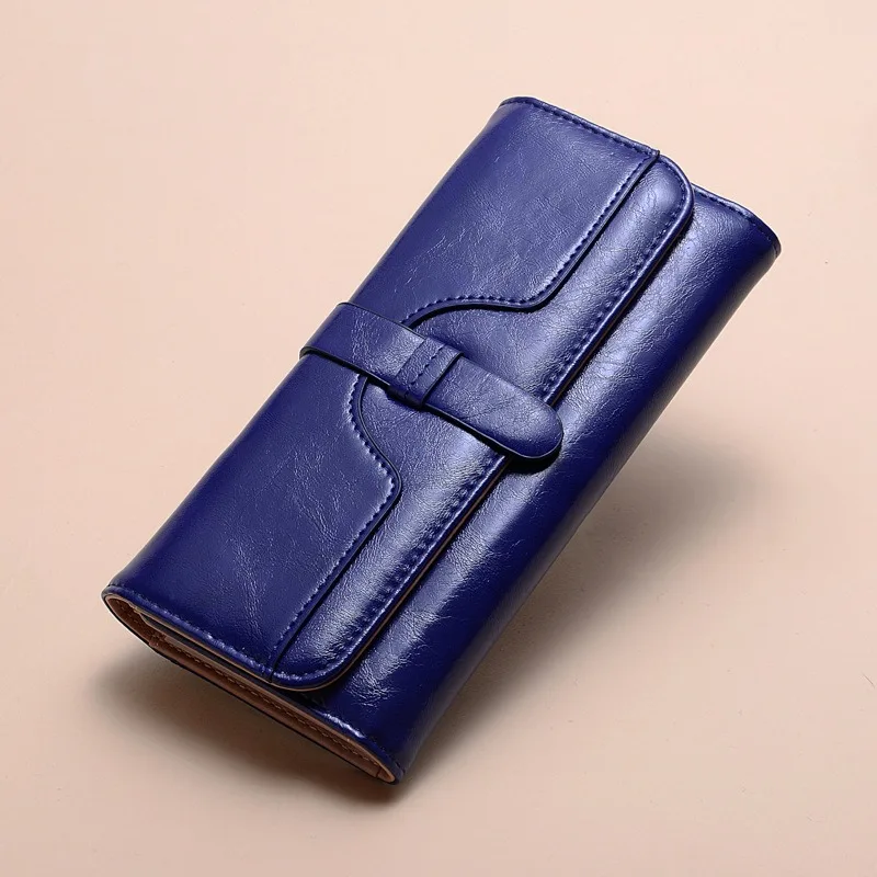 New Korean Ladies Wallet Women Long Oil Leather cerato Tri-fold coulisse tinta unita Vintage fermasoldi da donna