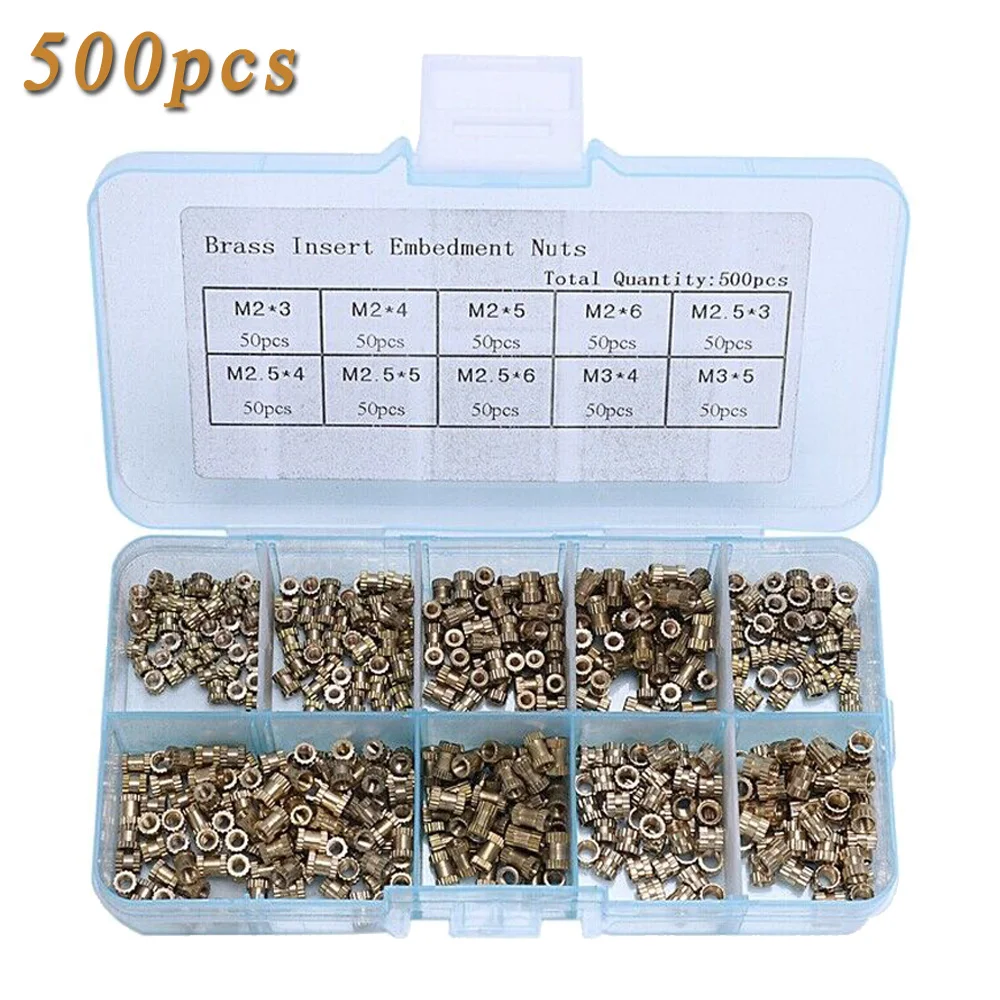 500pcs/Set Nuts Insert Embedment Woodworking Supplies Molding Brass Knurled Kit Wear Resistant Tools Equipment