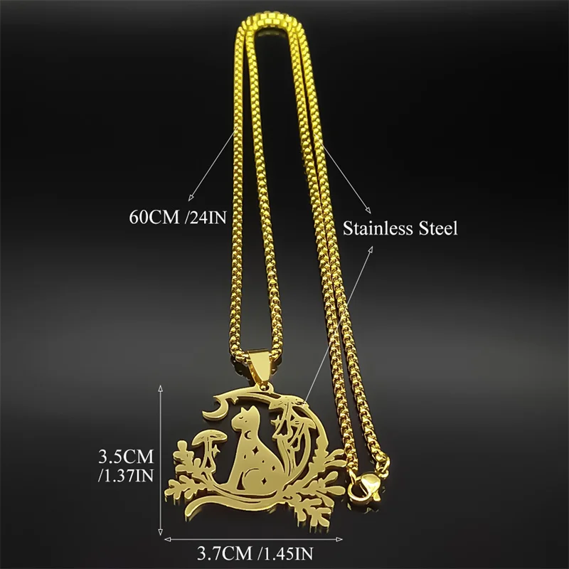 Nacht Hexerei Schwarze Katze Anhänger Halskette Für Frauen Männer Edelstahl Halbmond Pilz Pflanze Kette Schmuck Geschenke – Detail 3