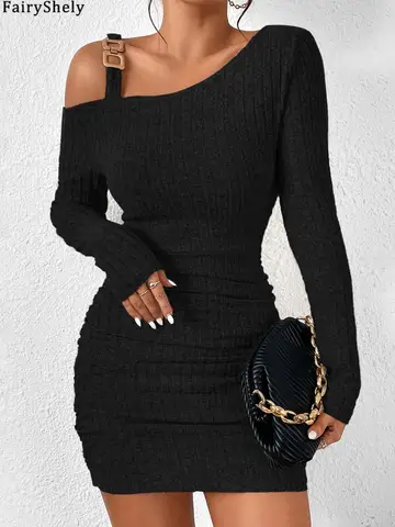 Fairyshely Autumn Sexy Black Club Dress Ladies 2025 Long SLeeve Bodycon Dress Women Off-shoulder Tight Mini Dresses Clubwear
