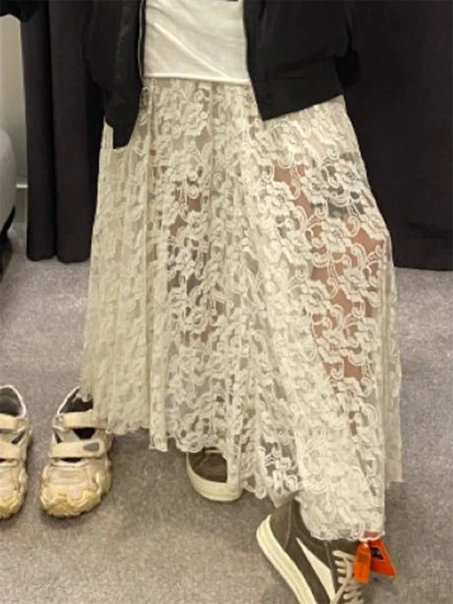 Women s Lace Long Skirts Elegant Low Waist Solid Color See-Through Midi Skirts  Fit Skirts