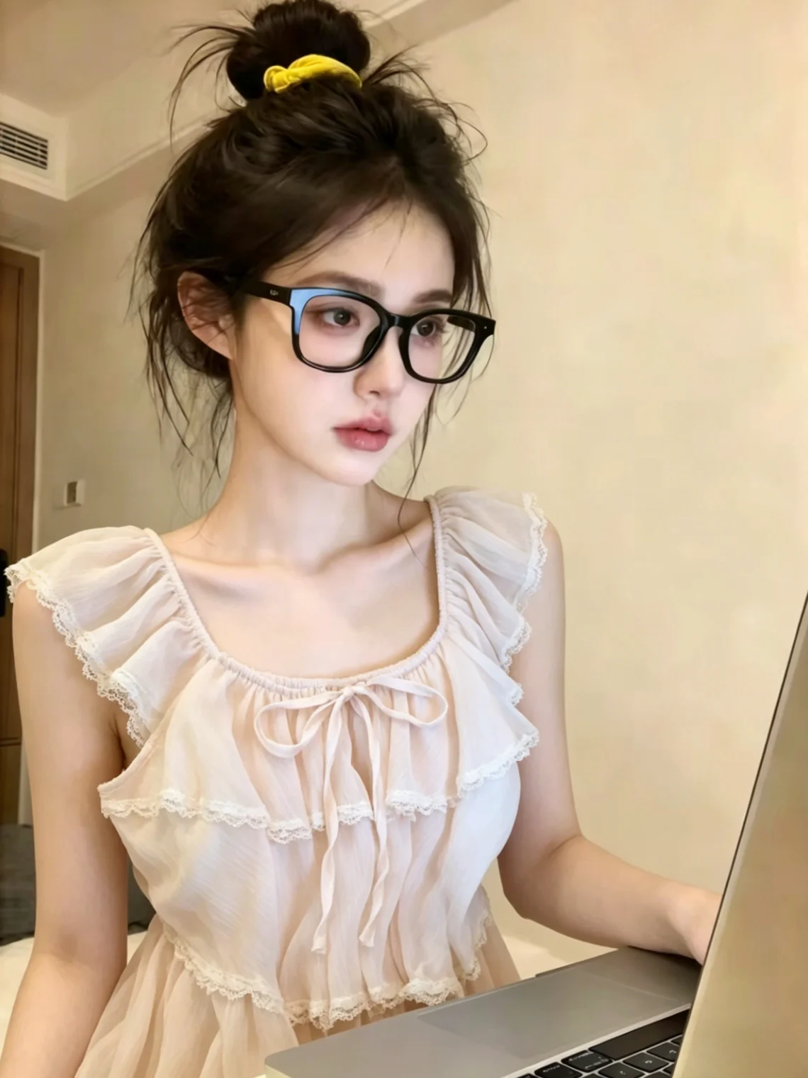 

Sweet Style Lace Splice Fly Sleeve Shirt Women's Summer New Gentle Beautiful Top Self-kept Version Bow Tie Silk Blouse