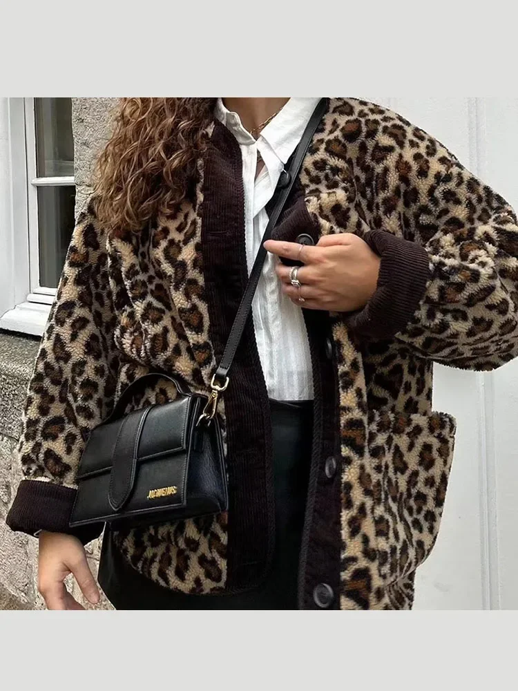 2024 New Autumn Leopard Print Jacket Women's V-neck Warm Parkas Outwear  Winter Korean Female Loose Faux Fur Coats