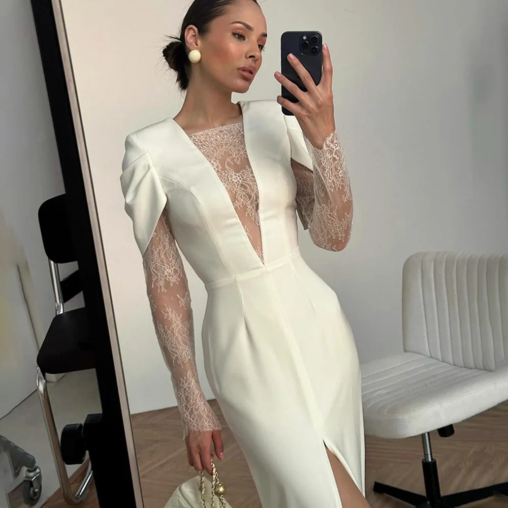 

Sexy Lace Patchwork Midi Dress Women Elegant Full Sleeve See Through Split Slim Long Dresses 2026 Lady Evening Party Vestidos