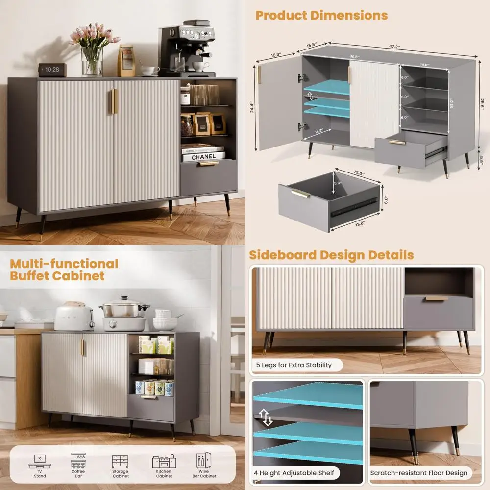 Wide Fluted Sideboard Cabinet with 2 Doors, Drawer, Kitchen Coffee Bar, Living Room Storage Buffet