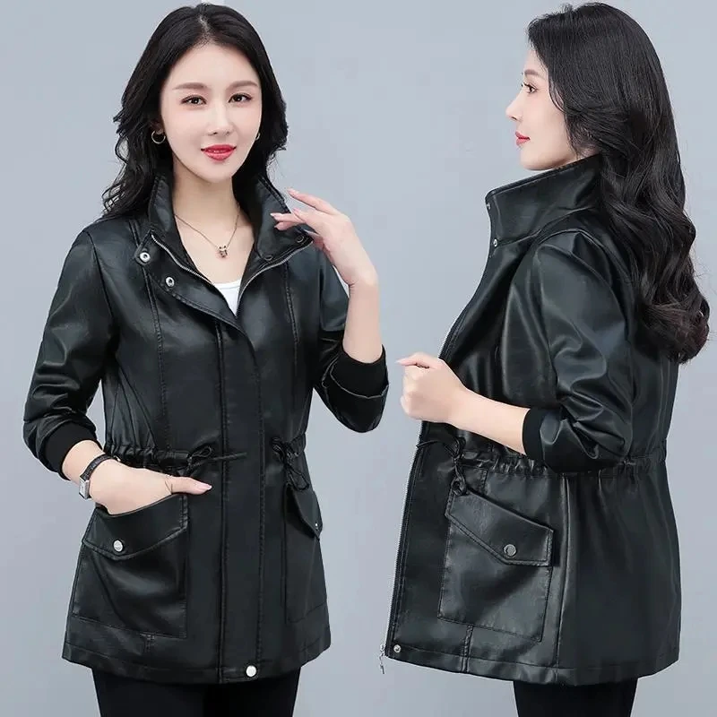 Mantel kulit PU modis, mantel kulit wanita panjang setengah, jaket musim semi musim gugur, jaket pinggang serut, jaket Windbreaker kulit PU ramping 2024