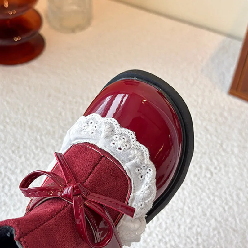 القوس الدانتيل الكشكشة الاطفال أحذية الموضة بولي Patchwork المرقعة البريدي الأميرة أحذية للفتيات الشتاء أفخم القطن الأطفال حذاء من الجلد